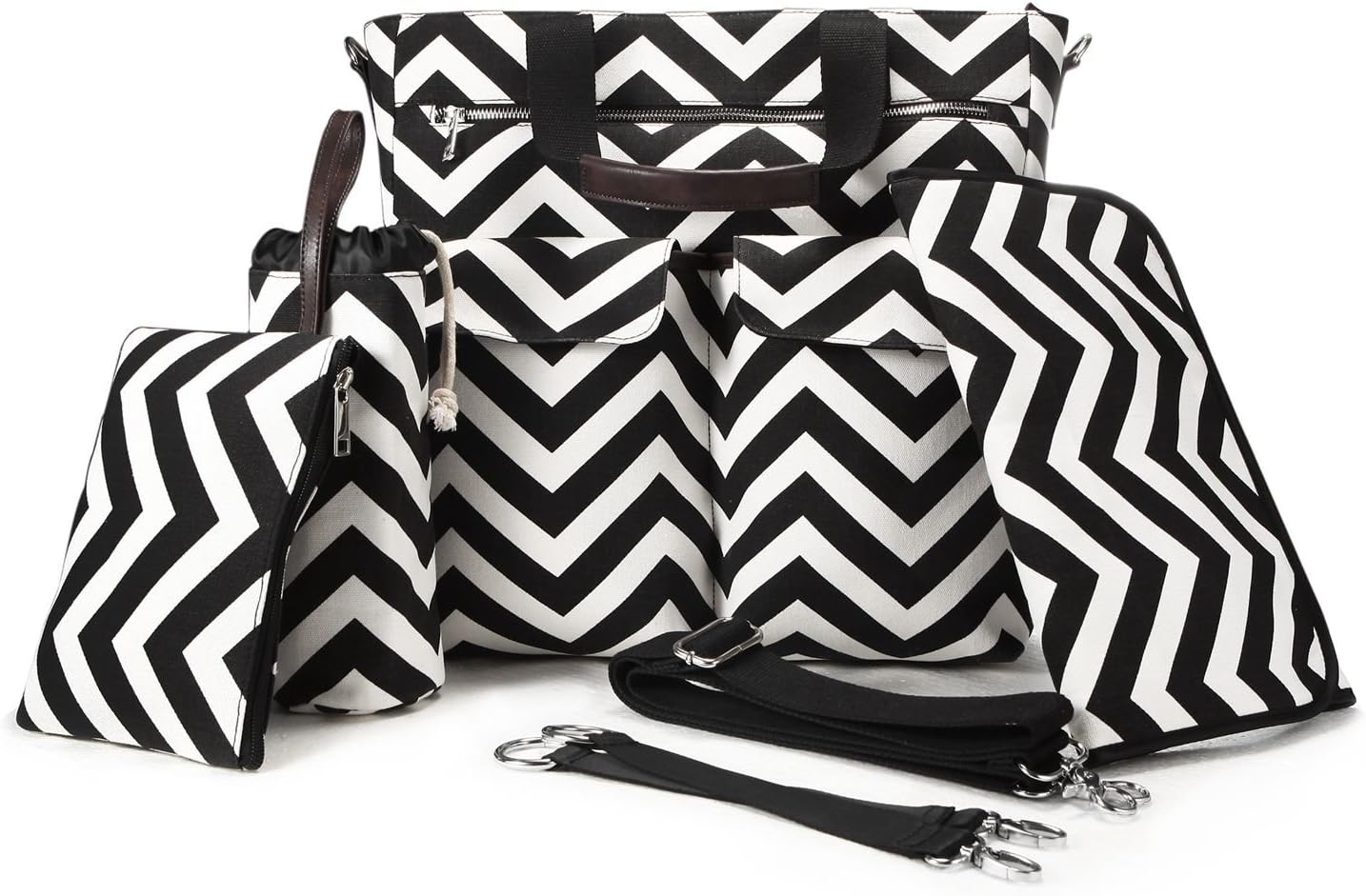 Primebabe 5-in-1 Baby Diaper Bag Stripe Cotton Canvas with Changing Pad, Milk Bottle Bag, Handbag, 2 Stroller Straps，Mommy Bag