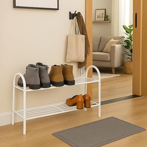 Miniatura 7 de Zapatero simple para dormitorio universitario, almacenamiento de zapatos de metal de alambre blanco resistente de 2 niveles, mini organizador