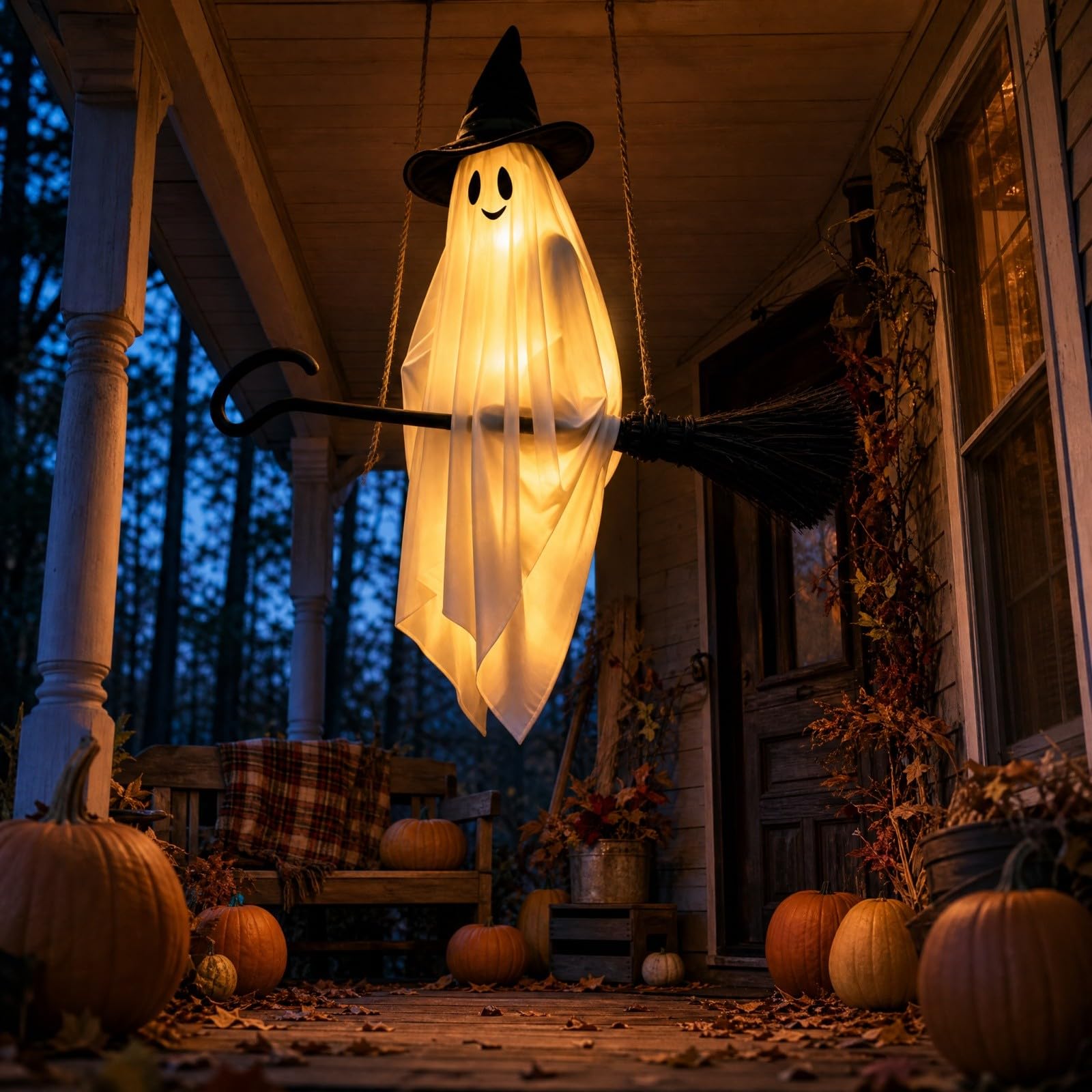 Decoración Colgante Luminosa de Halloween: Fantasma con Sombrero de Bruja Montando una Escoba, con Luces LED cálidas. Ideal para Interiores y Exteriores, porches, Jardines, Patios,