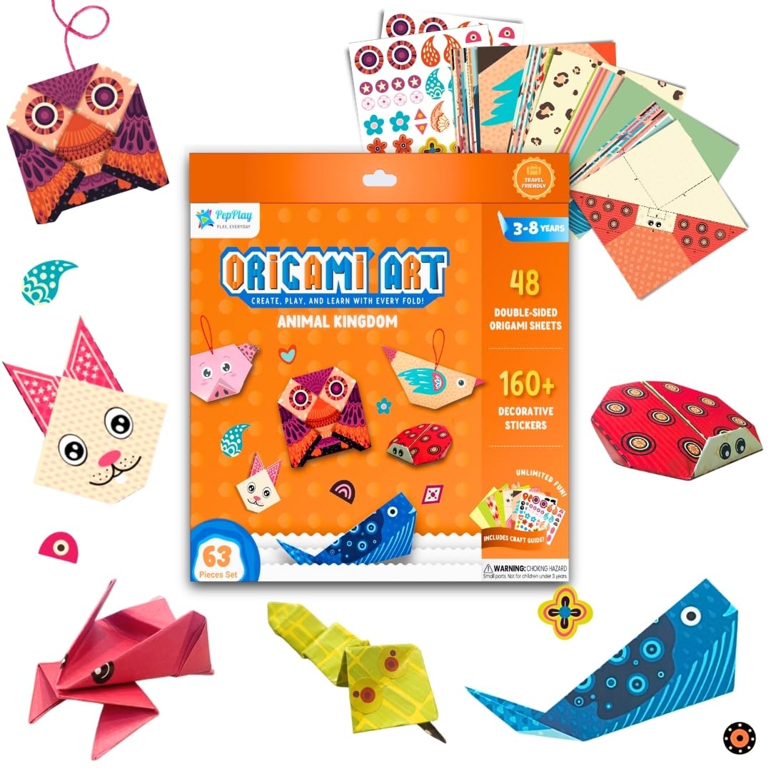 PepPlay 3D Origami Paper, with Booklet and Stickers, Educational, Brain-Boosting Activity, No Mess Paper Craft, Travel-Friendly Airplane Toy, Birthday Return Gift for Boys&Girls Ages 3-8, Orange