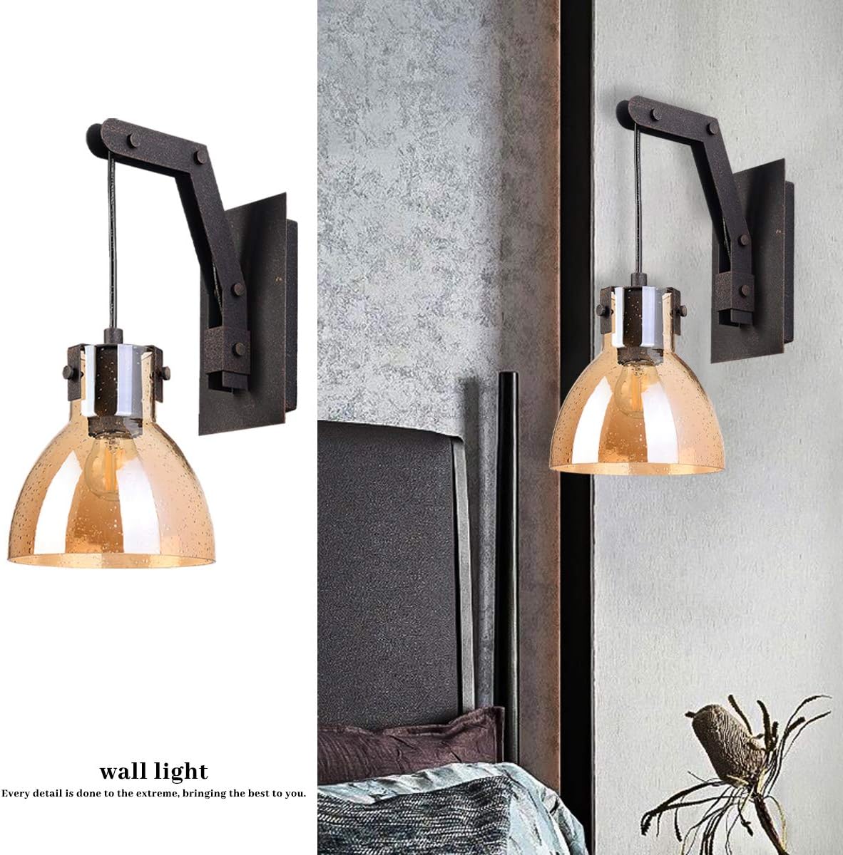 Best Review Retro Loft Glass Sconce Wall Lamp Arm Wall Light Fixture Rust Wall Lights for Living Room/Bedroom