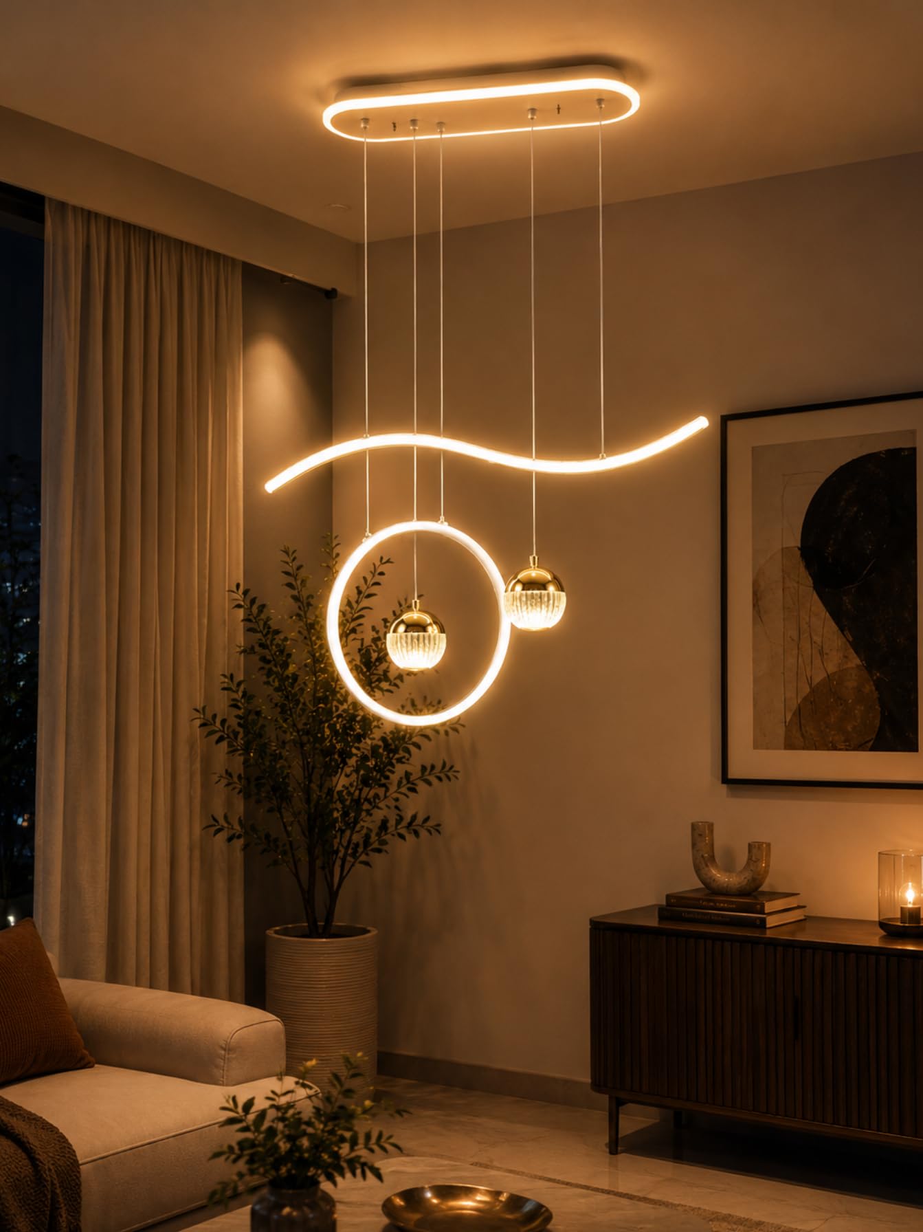 Modern LED Pendant Chandelier Light – Artistic Wave & Ring Hanging Ceiling Lamp, Dimmable Warm White Designer Lighting Fixture for Living Room, Dining Room, Bedroom & Luxury Interiors-image-24