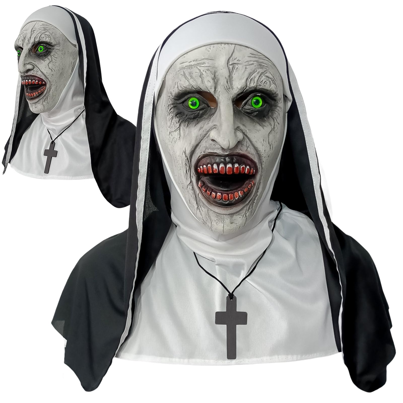 NTSWZYS Adult Full Head Realistic Evil Nun Mask with Headscarf, Nun Costume Mask with Bloody Mouth for Halloween Party Props, Style 1-green, 1 Count (Pack of 1)