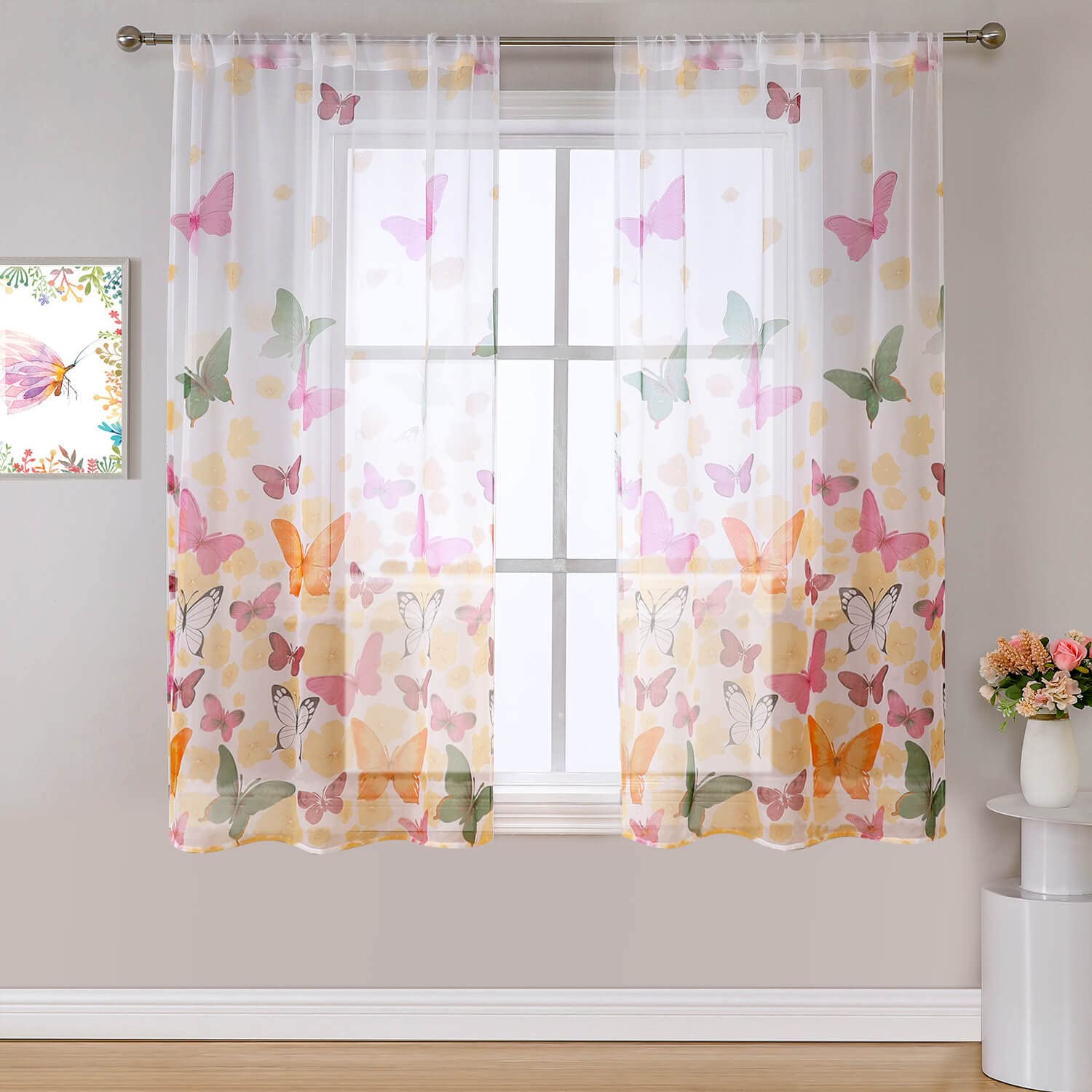WUBODTIButterfly Patterned Sheer Curtains for Kids Room 63 inch Length 2 Panels, Girls Room Decor Voile Curtain Rod Pocket Cute Colorful Printed Drapes for Bedroom Living Room Nursery,52''x63 c