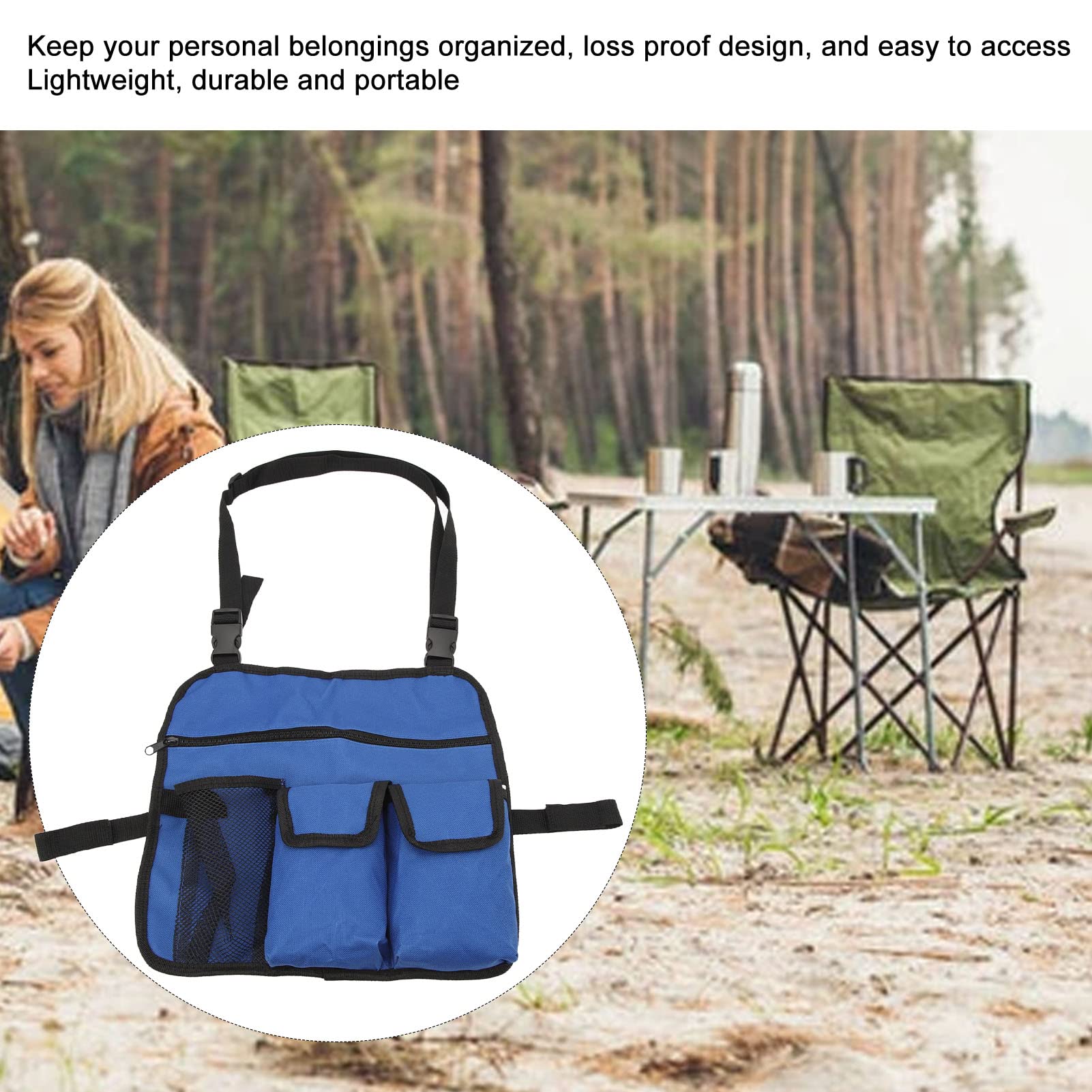 Bolsa colgante para silla de camping, tela Oxford 600D, bolsa para reposabrazos para silla de playa, organizador multifuncional para silla de pesca de camping al aire (azul)