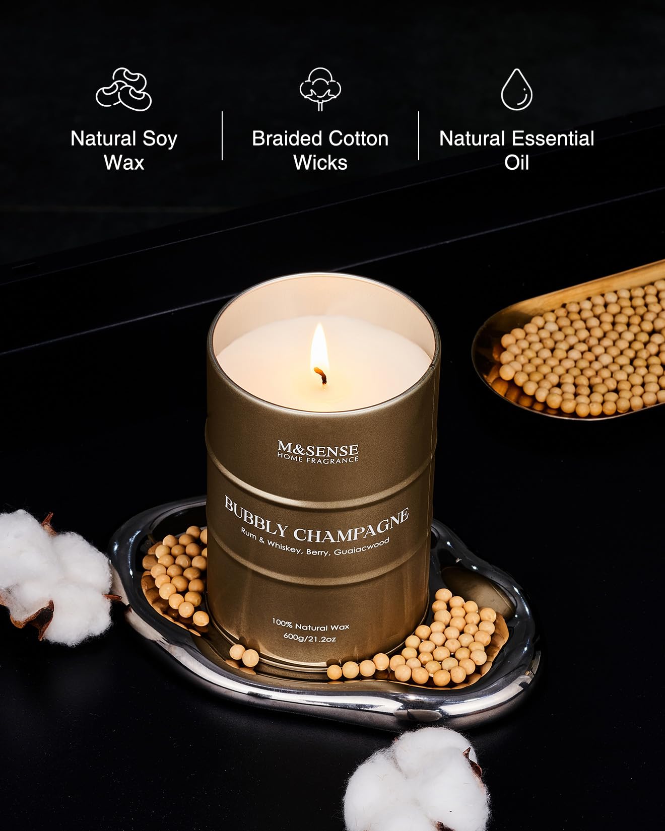 M&SENSE Candele grandi per la casa profumate allo champagne, candele regalo per donne e uomini, candele di soia naturali, regali per la casa, 120 ore di combustione, 600g