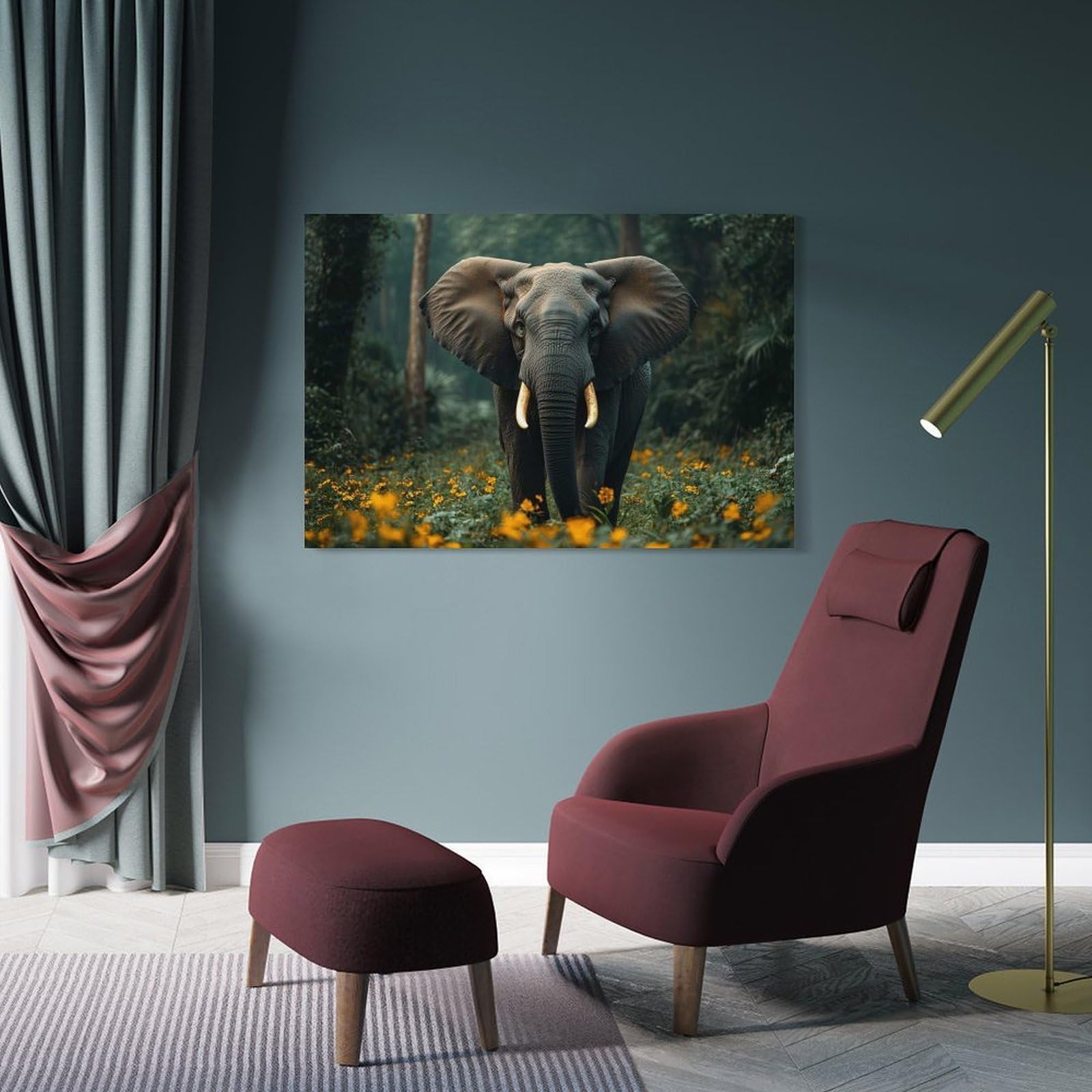 Junmoney Elephant in A Field of Flowers Canvas Art Print, 24x36inch(60x90cm), for Living Room, Bedroom, Office Or Hallway, Decorative Artwork with Broad Appeal