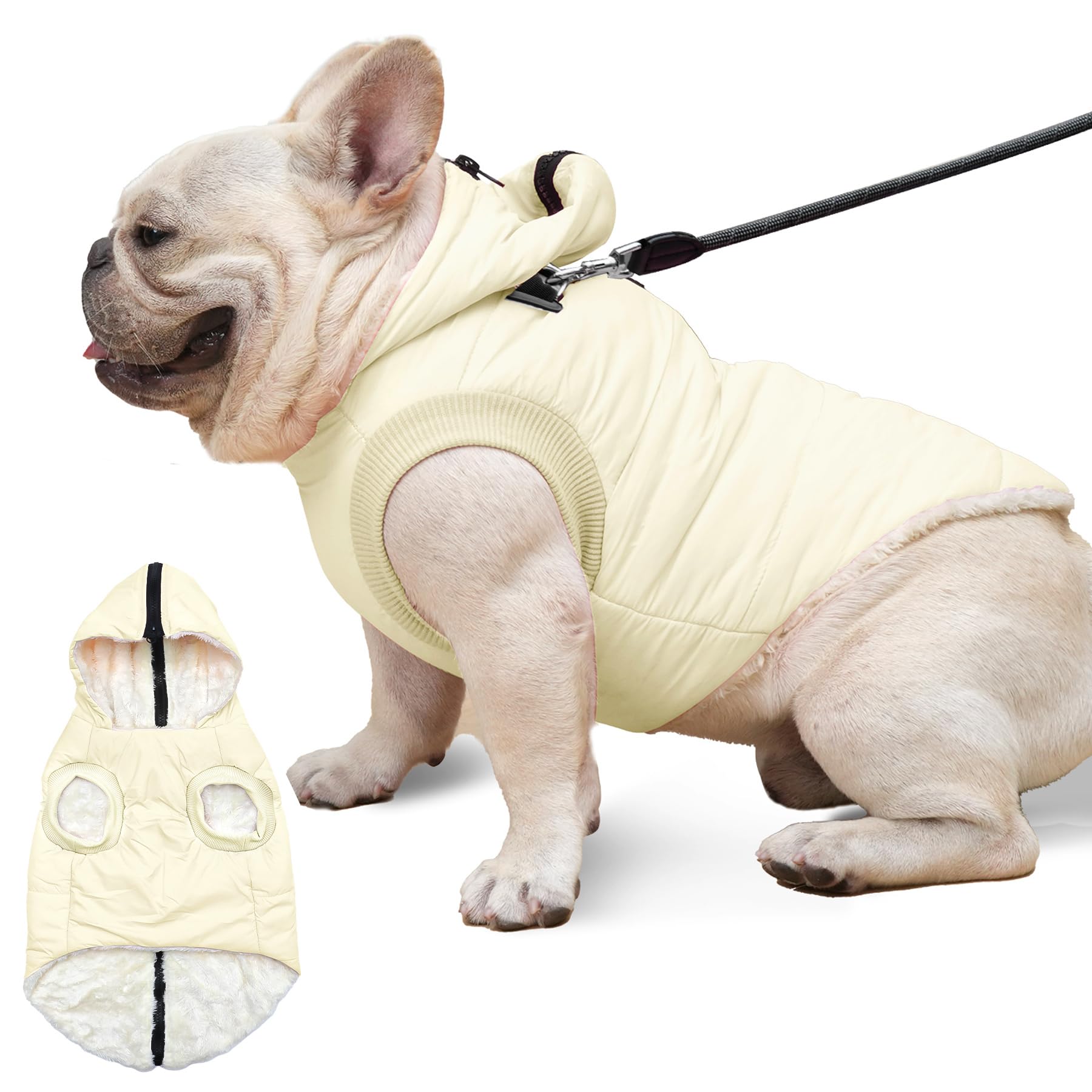 Vecomfy Fleece Lining Dog Hoodie with Harness Built in,Extra Warm Medium Dog Jacket in Winter Doggie Coats with Hooded,Light Yellow XL