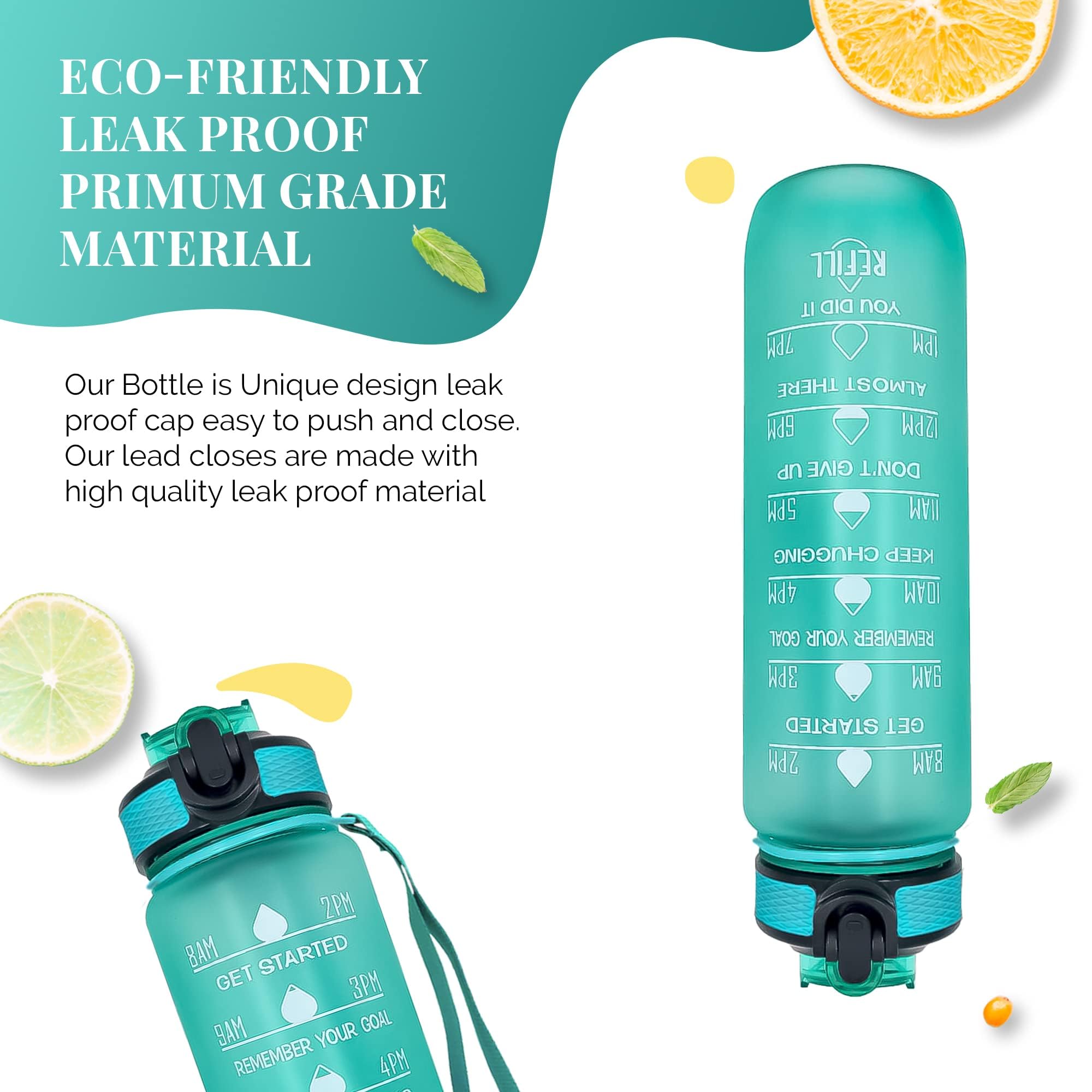 K-MART Water Bottle 1000ml Sports Water Bottle with Time Marker & Straw, Dishwasher Safe Leak-proof Drink Bottle BPA Free Non-Toxic Tritan Material 1 Click Open for Running Gym (Green) - Image 3
