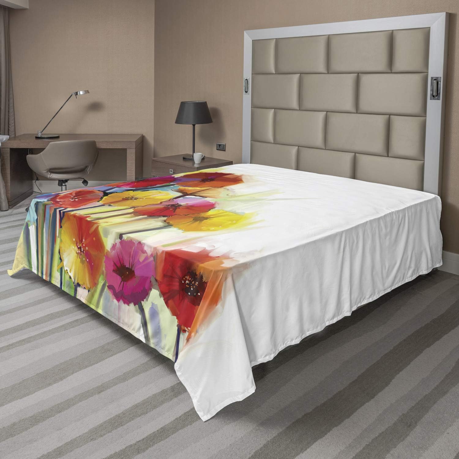 Ambesonne Flower Flat Sheet, Gerbera Bouquets Romantic Floral Arrangement Blossom Side of The Nature, Soft Comfortable Top Sheet Decorative Bedding 1 Piece, Queen Size, Orange Yellow