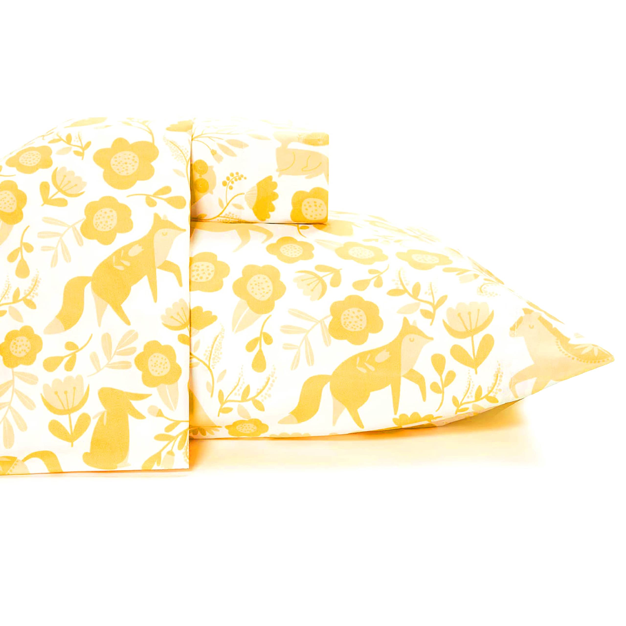 Where The Polka Dots Roam Marigold Yellow Folktale Forest Animals Queen Size Sheet Set, Soft Sheets for Deep Matresses, 4 Piece Full Size Set in White