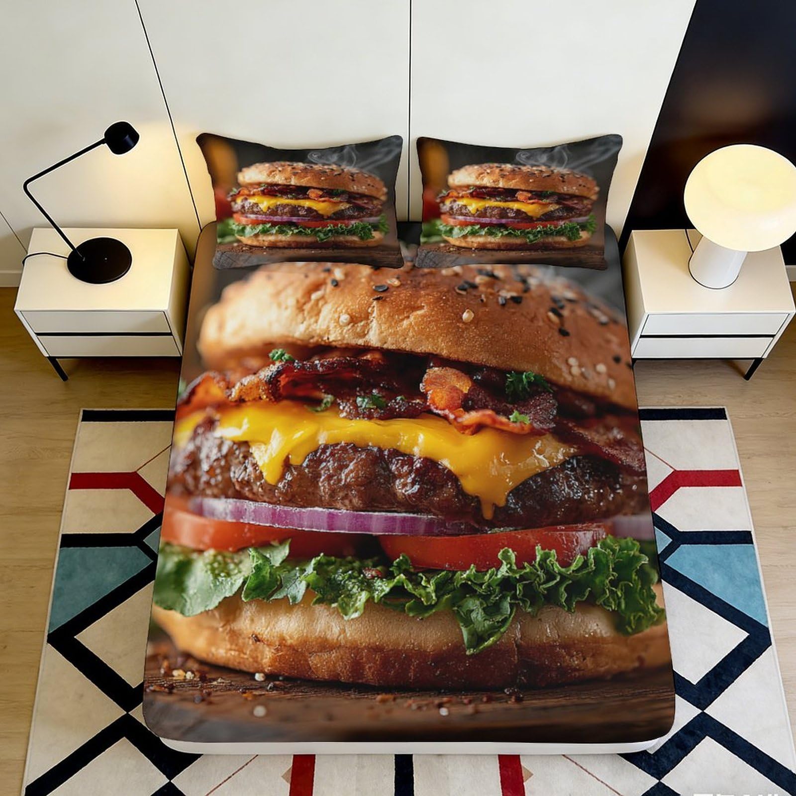 3D Printed Burger Pattern Fitted Sheet Microfiber Soft Breathable Food Theme Bed Cover for Bedroom Dorm Decor 90x200x25cm