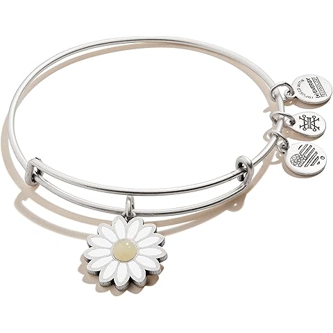 Alex and Ani Expandable Bangle for Women, Daisy Charm, Pineapple Jasper Gemstone, Rafaelian Finish, 2 to 3.5 in