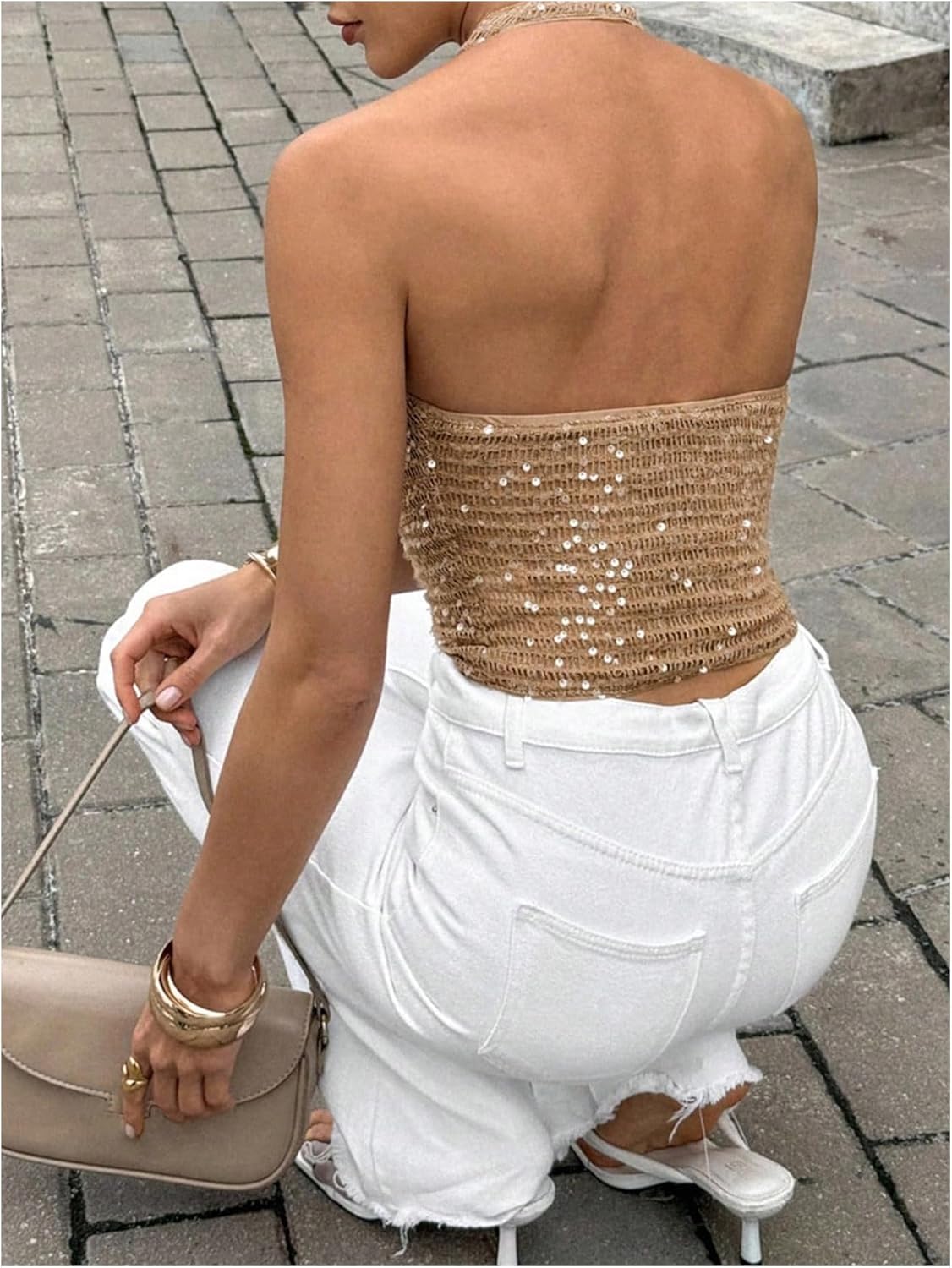 Floerns Women's Sparkly Sequin Sleeveless Party Halter Tops Open Back Glitter Going Out Tops - Image 3