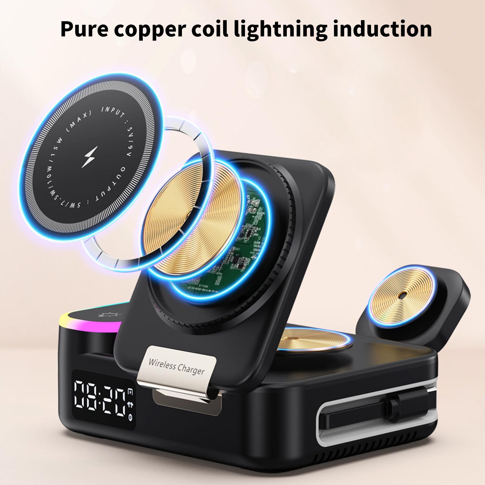 Generico Caricabatterie magnetici 3 in 1 con Cavo Retrattile Ricarica Rapida da 15 W per Orologio e Auricolari Caricatori Multipli