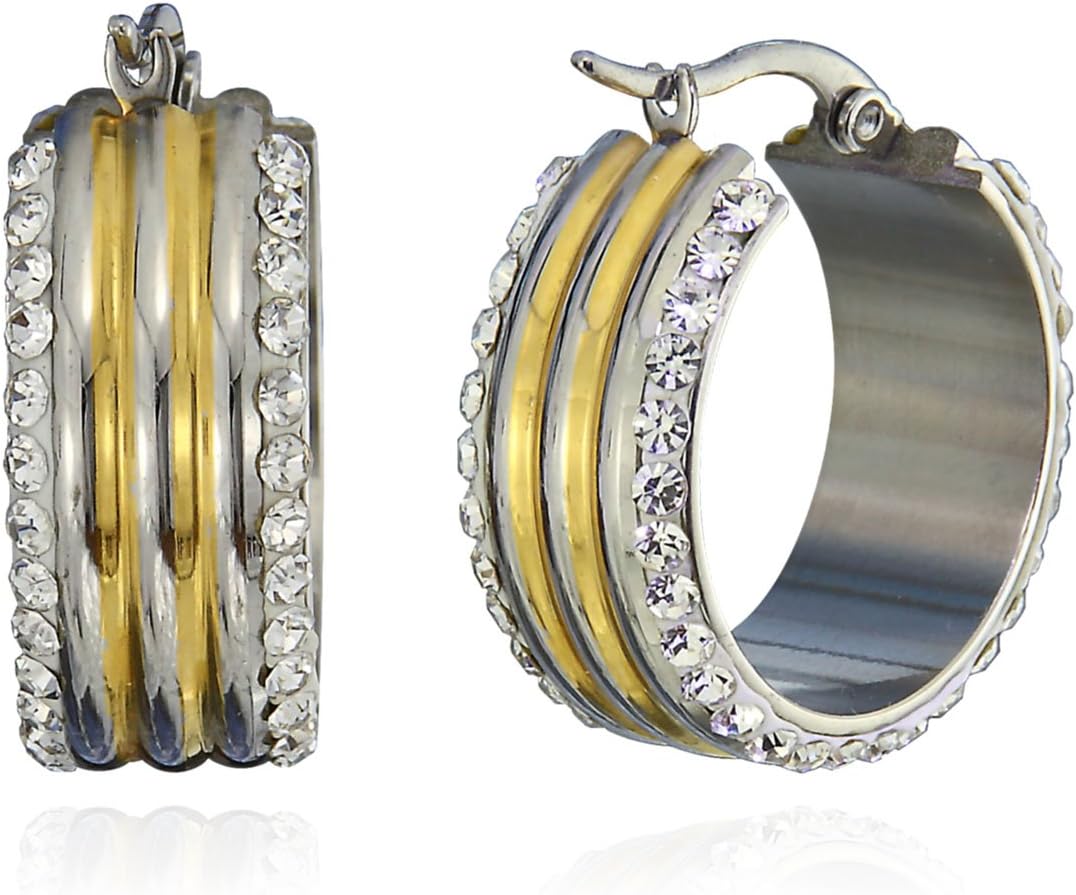 Fonhop Splendor Rhinestone-studded 2 Tones Gold Plated Stainless Steel Hoop Earrings