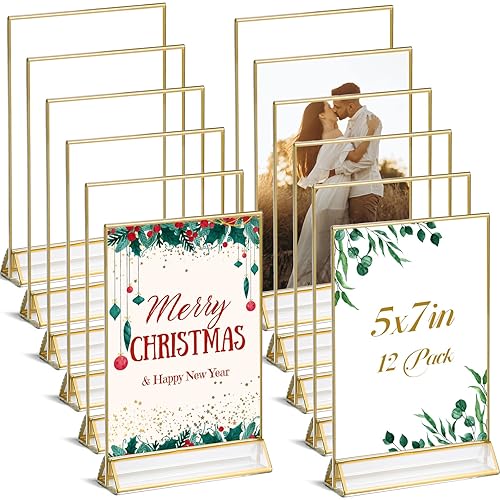 UNIQOOO Soportes acrílicos para letreros con borde dorado, vista de retrato, paquete de 12 unidades, marco transparente de doble cara de 5 x 7