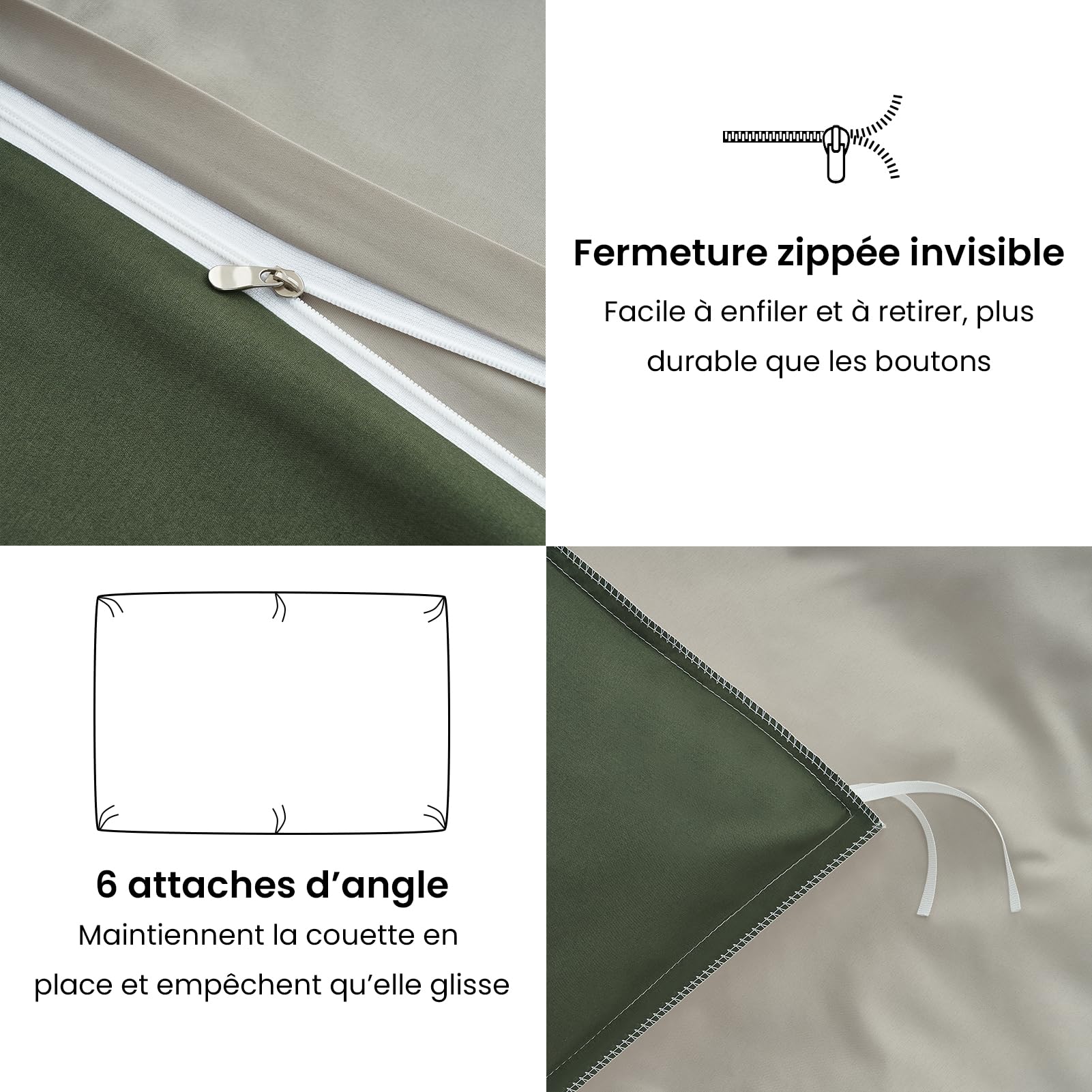 Housse de Couette 240x220 cm Réversible OEKO-TEX Doux & Agréable sur Peau, Fermeture Éclair, Léger & Respirant Parure de lit Vert Olive - Housse de Couette 240x220 + 2 Taies d'oreiller 65x65
