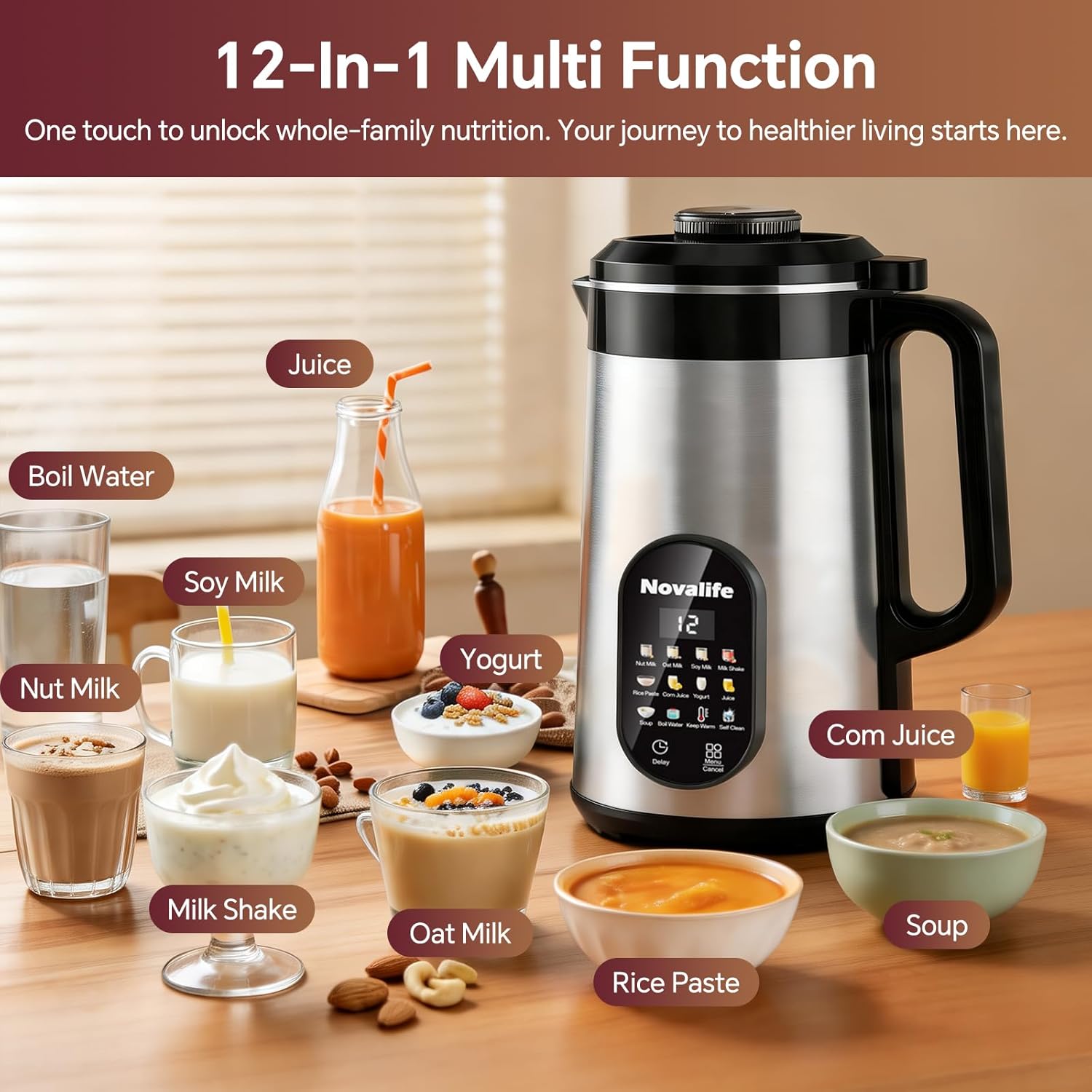12 in 1 Nut Milk Maker Machine, 50oz Automatic Soy Milk Maker Blender, Homemade Soy Milk, Oat Milk, Juice, Almond Milk, Plant Based and Non Dairy Beverages,12H Delay Start/Self Cleaning/Keep Warm