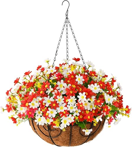 Miniatura 1 de INQCMY Flores colgantes artificiales en cesta para decoración de patio, césped, jardín, forro de coco de 12 pulgadas con flores artificiales de