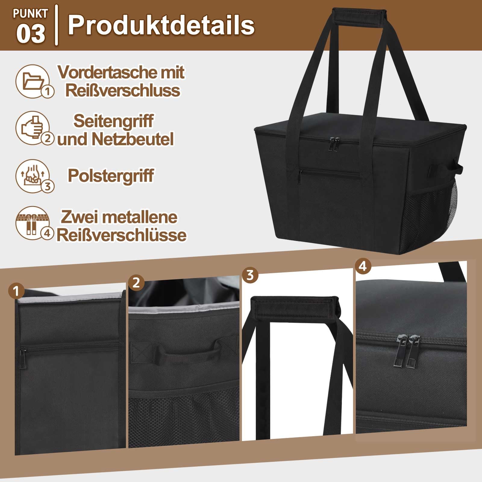 Kühltasche 30L, Groß Einkaufstasche Faltbar Thermotasche Dauerhaft Isoliertasche Picknicktasche Gefriertasche für Einkauf, Picknick, Camping, Strand, BBQ, Outdoor, Reisen, Auto, Schwarz