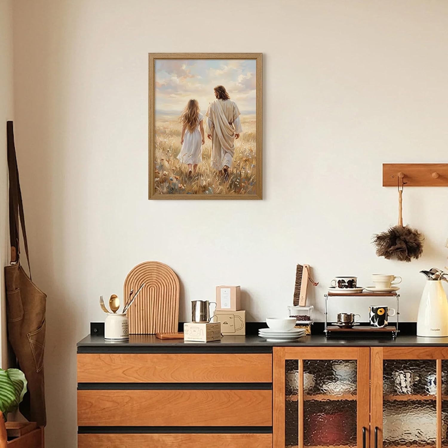 Jesus Walking With Me Wall Art Christian Canvas Wall Decor Jesus Women Poster Christ Pictures Religious Lds Art Prints Christian Portrait Painting for Living Room Bedroom 12x16 Inch Framed