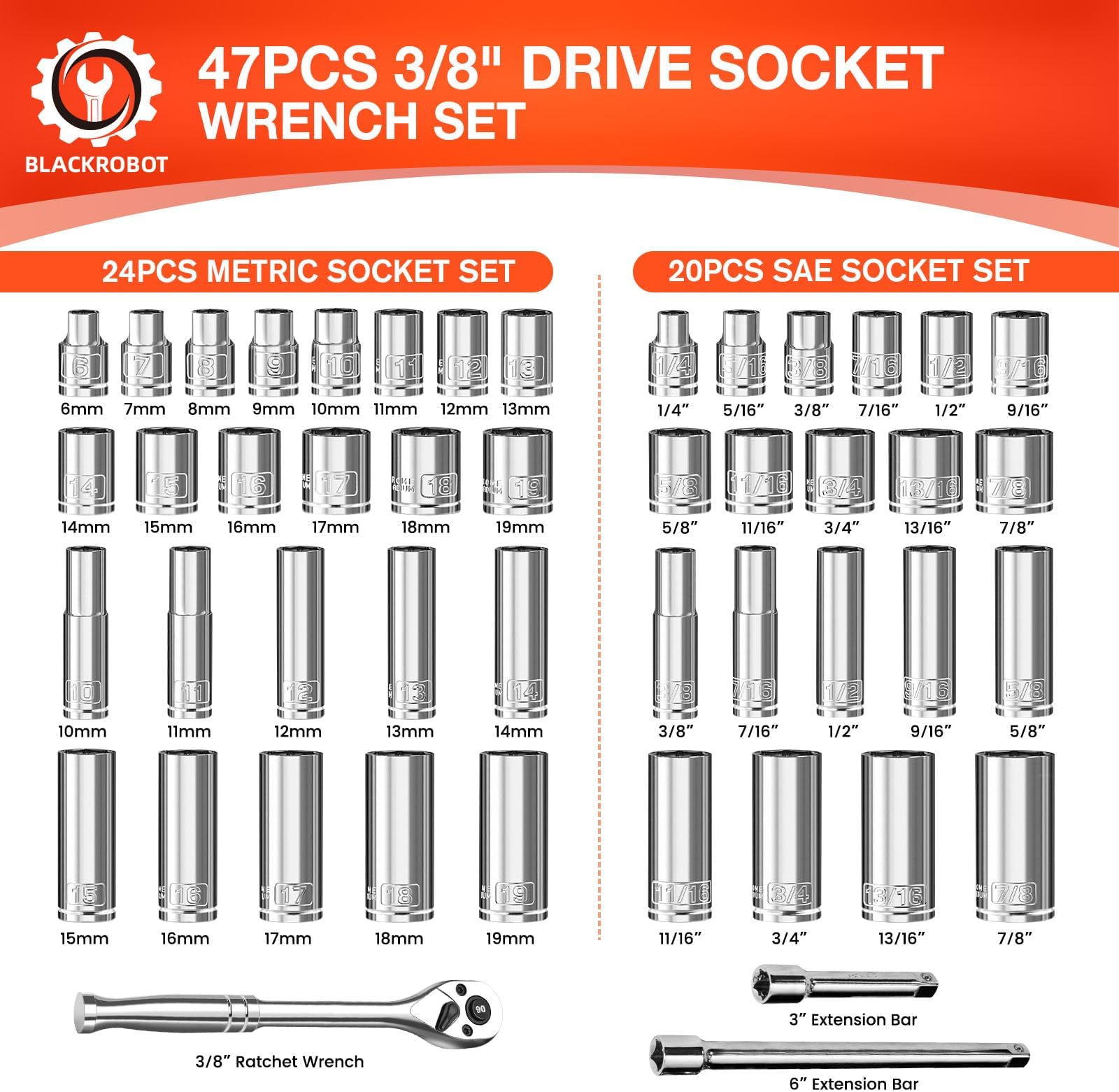 BLACKROBOT 47-Piece 3/8" Drive Socket Wrench Set, Standard SAE (1/4-7/8 inch) & Metric (6-19mm), Shallow & Deep Sockets, Include Ratchet wrench, Extension Bars