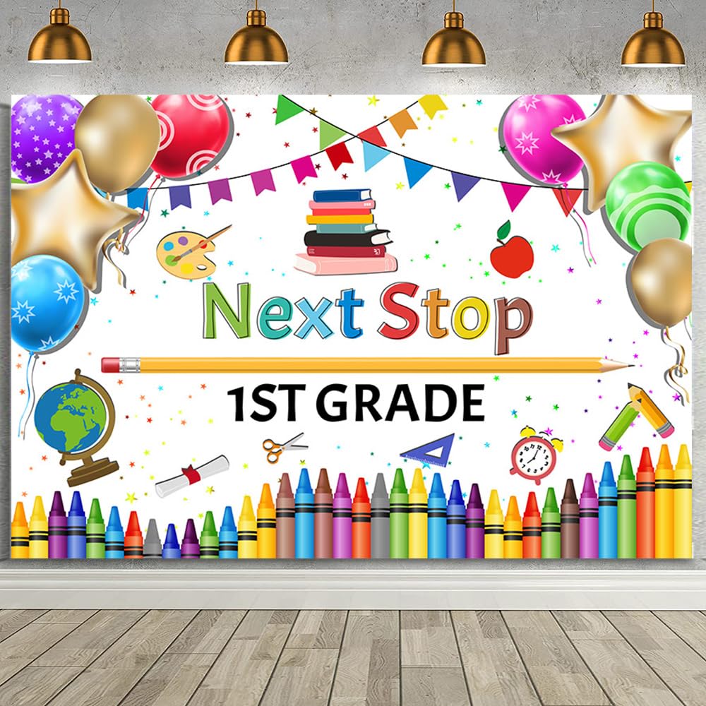 MEHOFOND 7x5ft Kindergarten Graduation Backdrop Next Stop 1st Grade Decorations Banner White Preschool Graduate Class of 2025 Photography Background