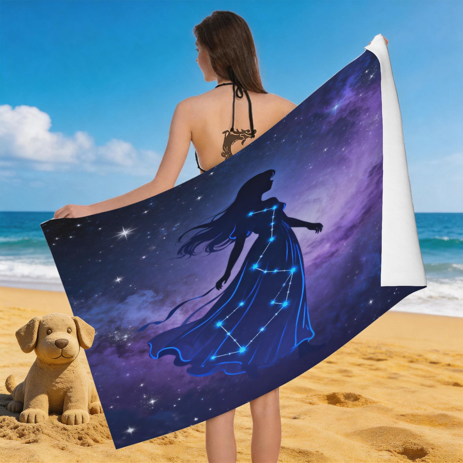 Leichong Men's Blue 3D Virgo Beach Towel Microfiber Soft Quick Dry For Adults, Mystical Bath Towel Lightweight Soft Absorbent For Travel Swimming Pool Sports, 75 X 150 Cm