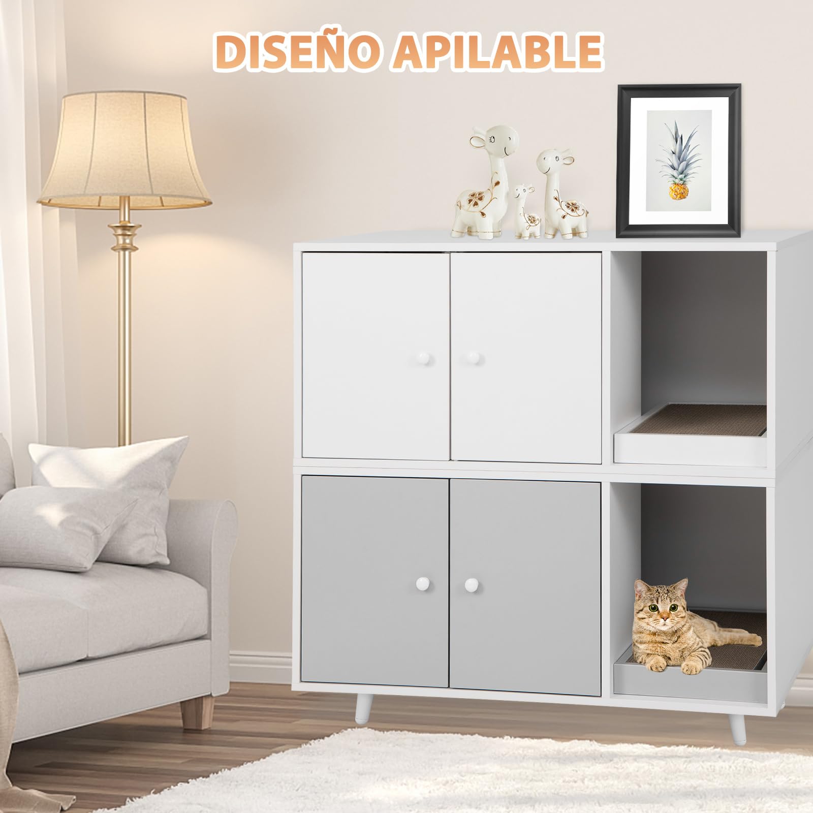 COSTWAY 3 en 1 Casa para Gatos con Rascador Extraíble, Mesa de Centro Auxiliar de Madera, Cueva para Gatos con 2 Puertas, Mueble Arenero de 90 x 50 x 50 cm (Blanco)