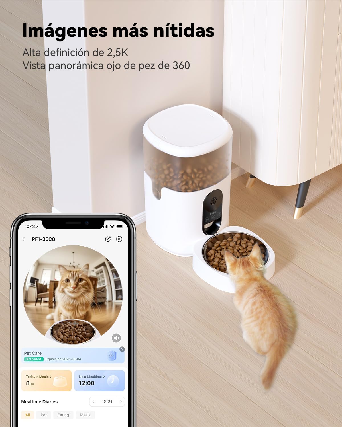 Imou 4L Comedero Gato Automatico con Cámara 4MP, 2.4G WiFi Dispensador Comida Gatos/Perros con Detección de Movimiento y Fuente de Alimentación Dual, Sensor de Alimentos Bajos, Audio Bidireccional