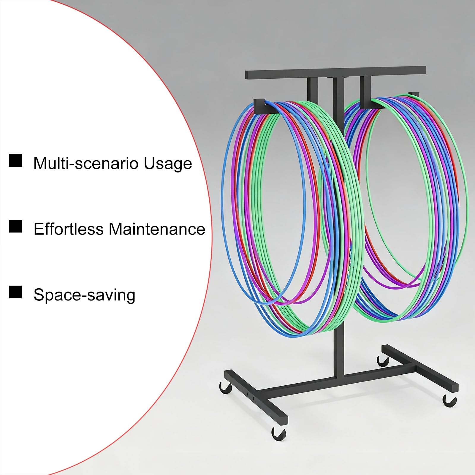 Hula Hoop Halterung Praktischer Sportring-Aufbewahrungswagen, Organizer für Hula-Hoop-Reifen und Springseile aus Metall mit Rädern, Ausstellungsständer für Fitnessgeräte