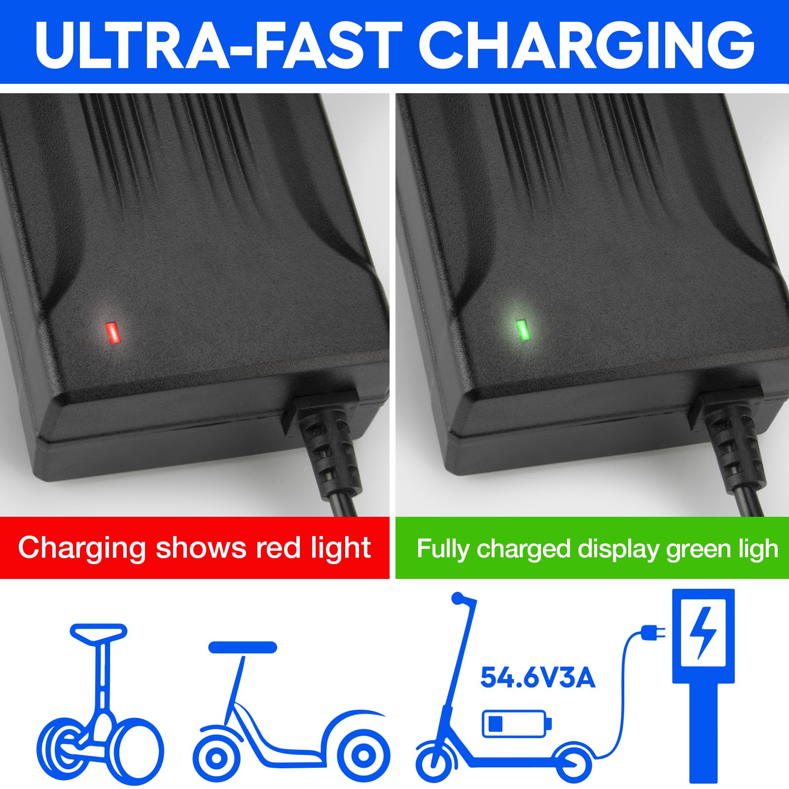 54,6 V 4 A Batterieladegerät für 48 V E-Bike, Scooter, Elektrofahrräder, Rollstühle, Mobilitätsgeräte, Elektroroller Ladegerät 48V 4a mit 3 Anschlüssen GX12 3P-XLR DC5521 Stecker