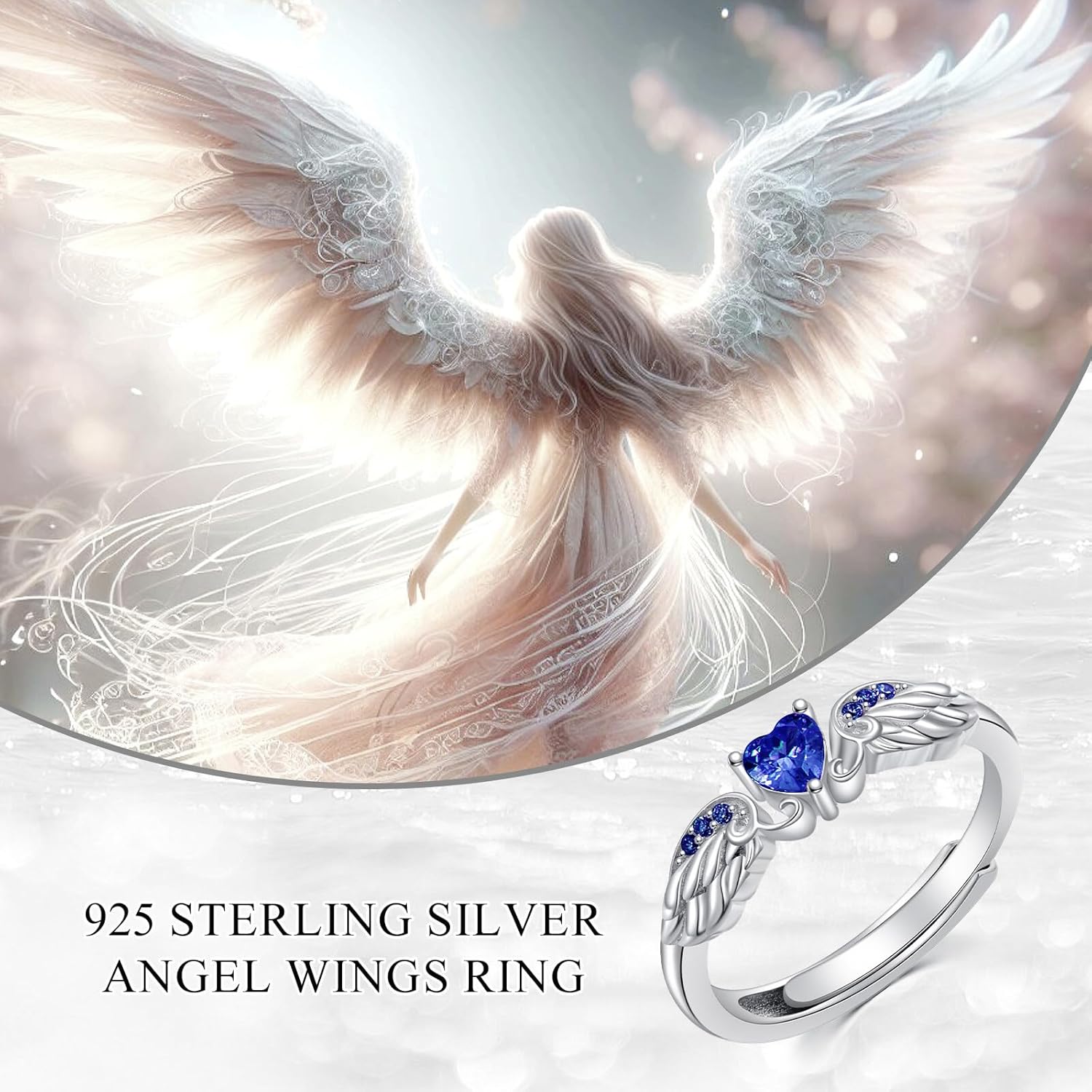 Angel Promise Ring 925 Sterling Silver Angel Wing Heart Ring for Women Angel Memorial Ring with Heart Birthstone Promise Ring Adjustable Size 7 - Image 7