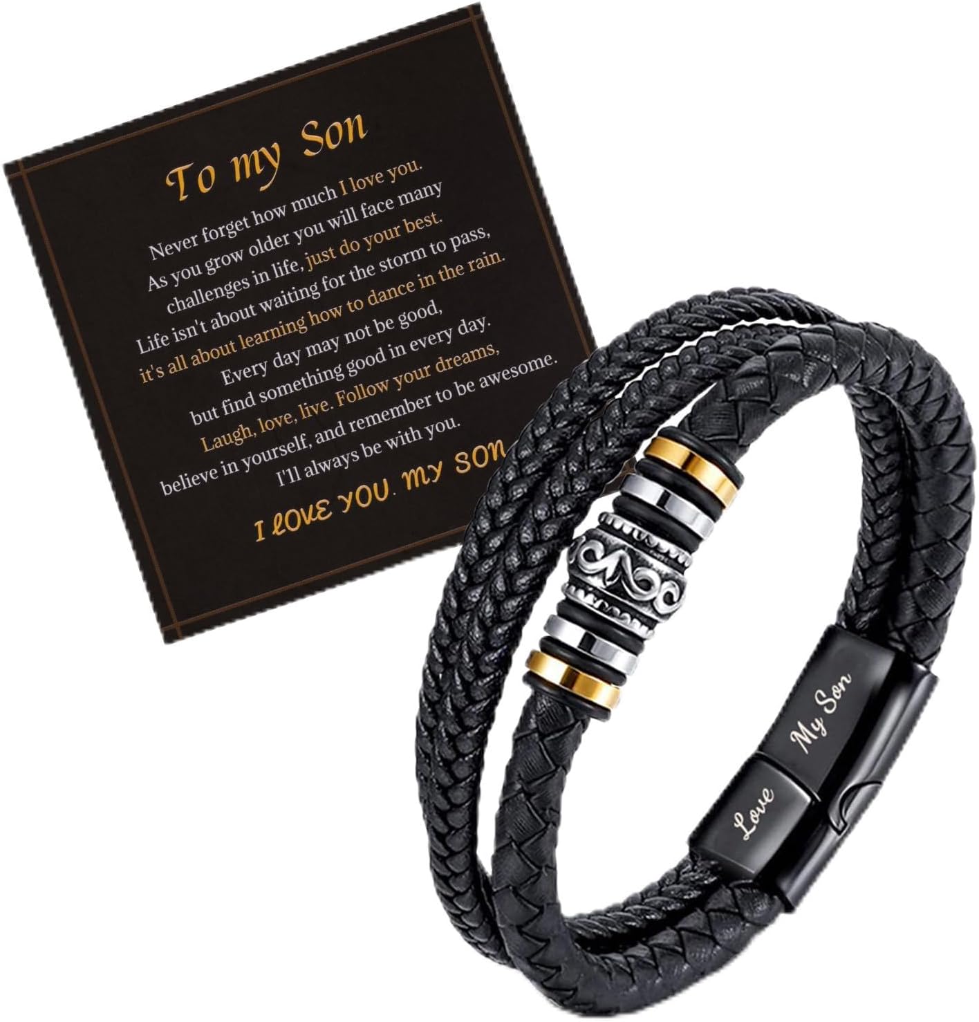 LAXPICOL Gift To My Son/Grandson/Husband mens bracelets,Mens leather bracelet boys bracelets With Stainless Steel Magnetic Clasp,Braided Leather Bracelet Birthday Gift For Men