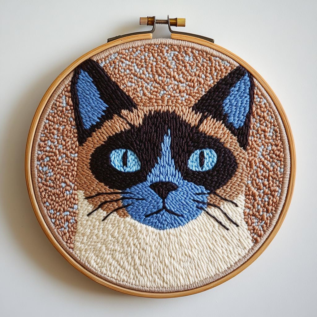 DIY Punch Needle Kits Siamese Cat Easy for Beginners Punch Needle Embroidery Set with Hoop Stamped Pattern for Craft Lovers and Home Decor-1
