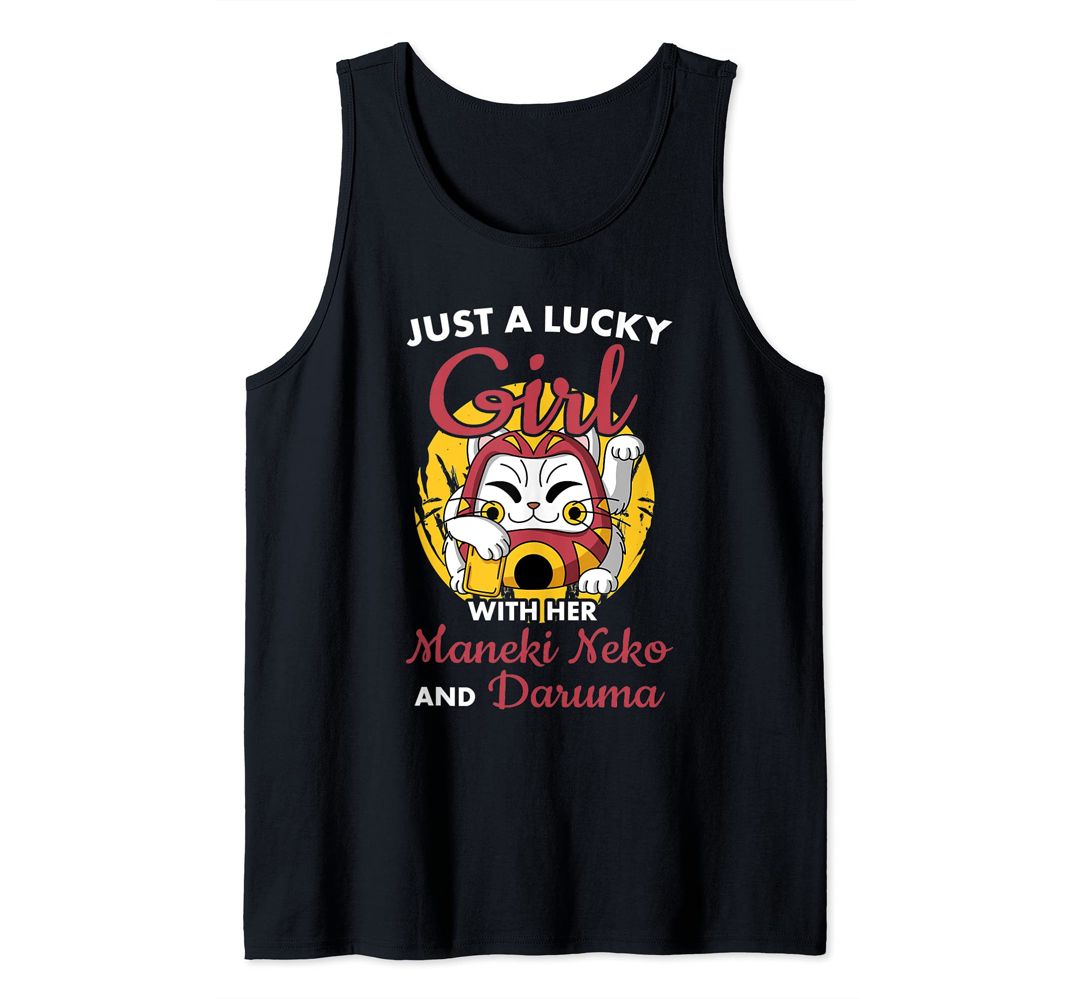 Just A Girl With Japanese Maneki Neko Lucky Cat Daruma Doll Tank Top, Black