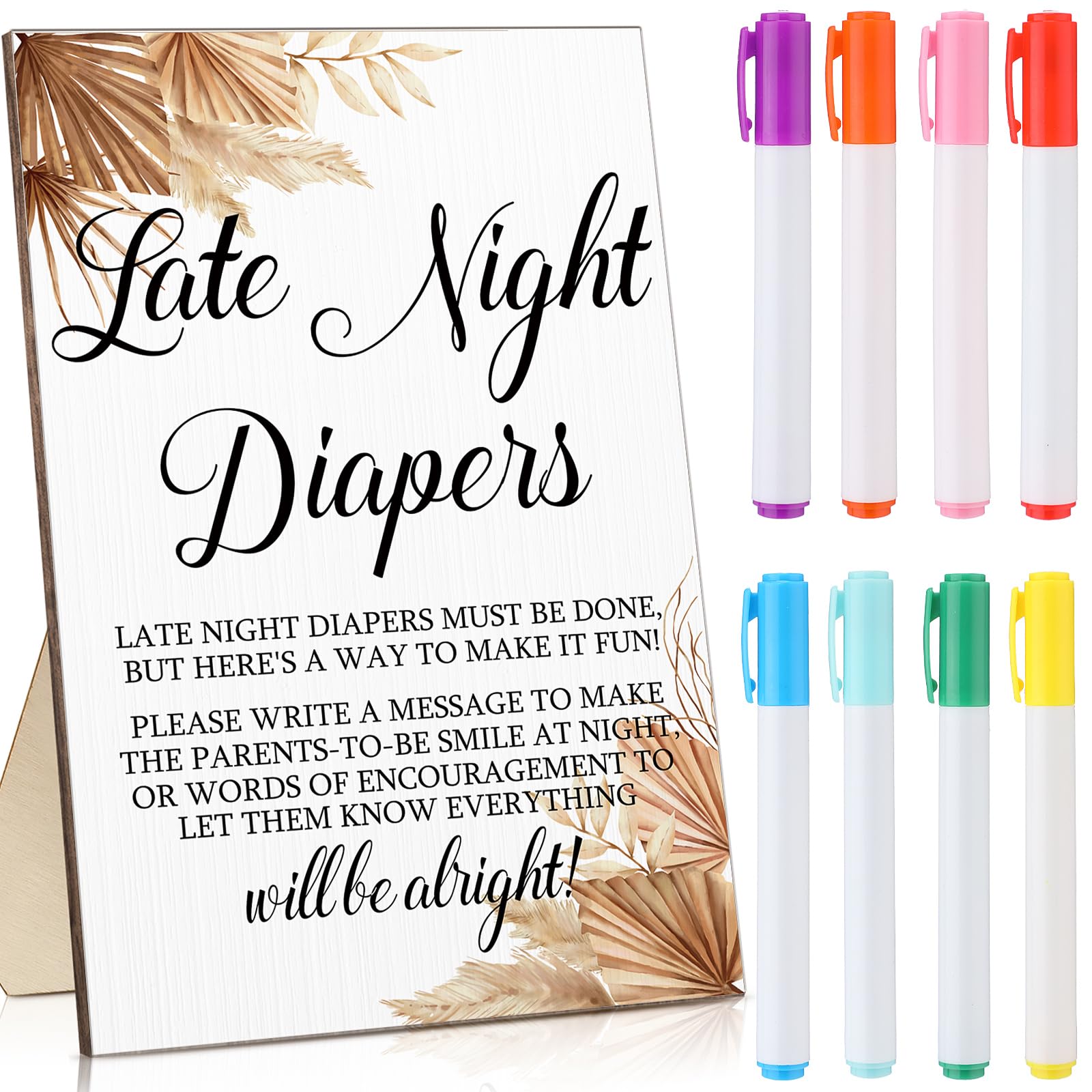 Roowest Baby Shower Games Late Night Diapers Sign Wooden Baby Shower Table Decorations Sign Gender Reveal Games Party Decorations Supplies with 8 Pcs