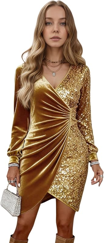 Mini Sequin Dress Long Sleeve V Neck Sexy Wrap Ruched Bodycon Dresses Cocktail Party Outfits