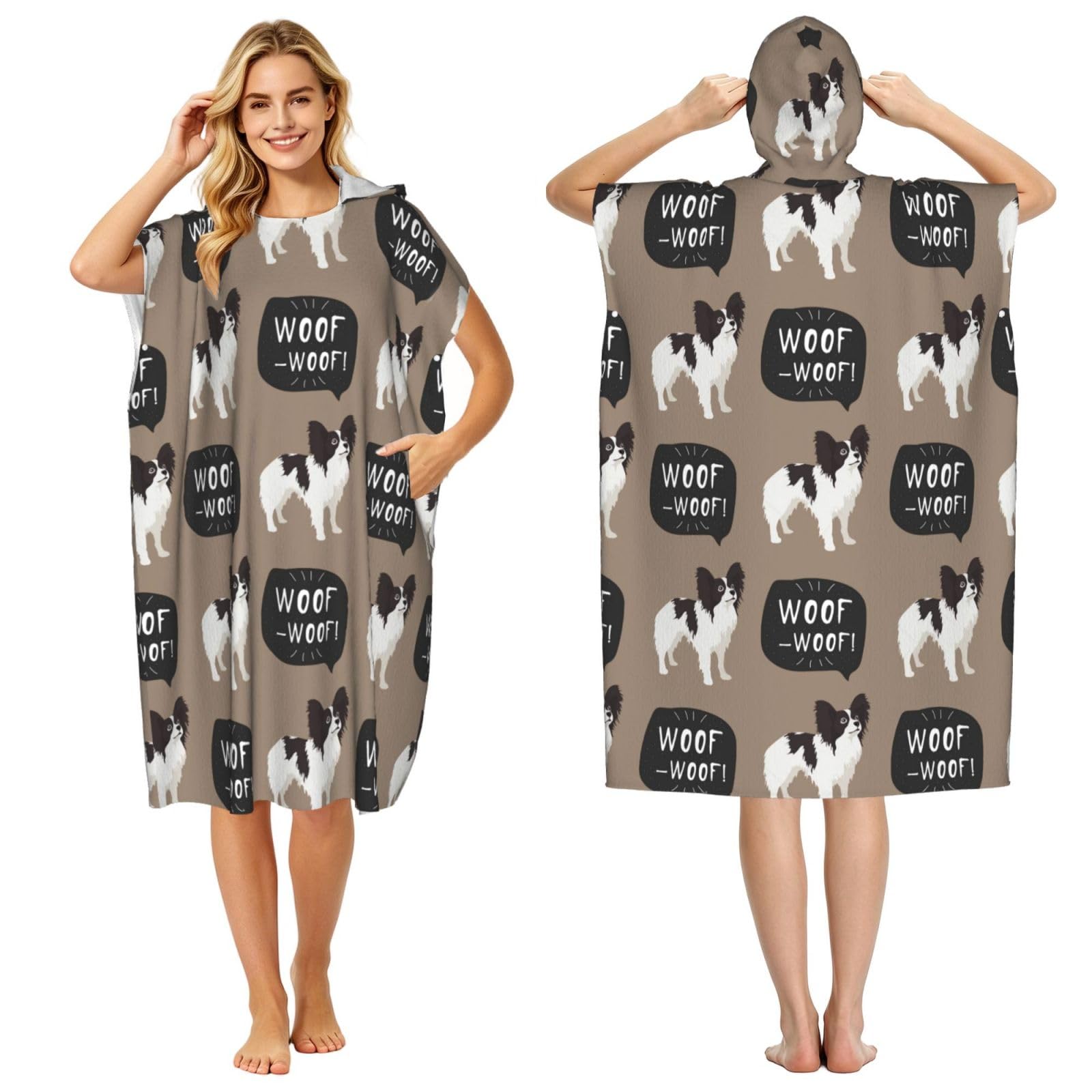 Poadnly Papillon Dog Pattern, Adult Hooded Beach Towel 90 x 110 cm,Changing Bath Robe, Surf Poncho Towel For Women Men