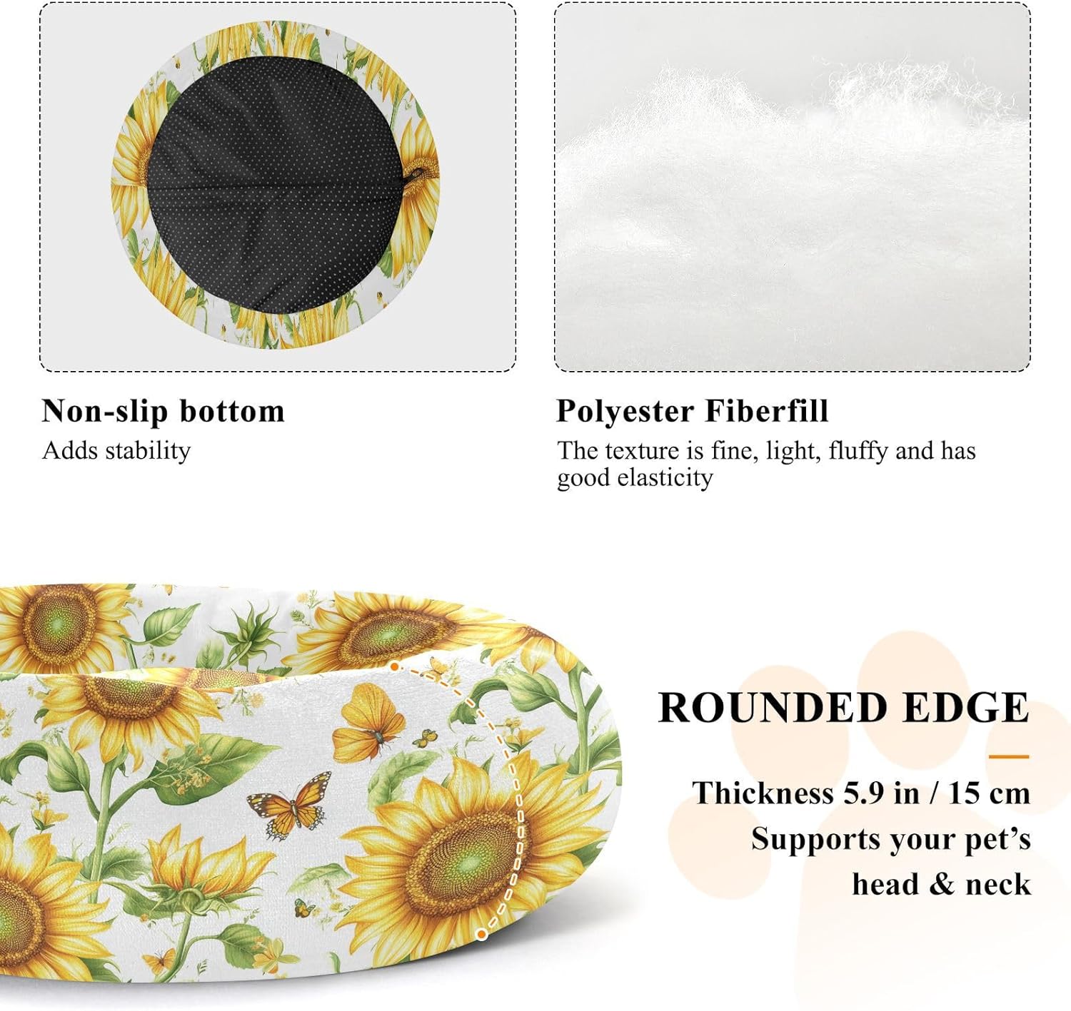 Pet Dog Bed Removable & Washable Fluffy Dog Pillow Bed for Medium Size Pets Sleeping M Cute Sunflower White