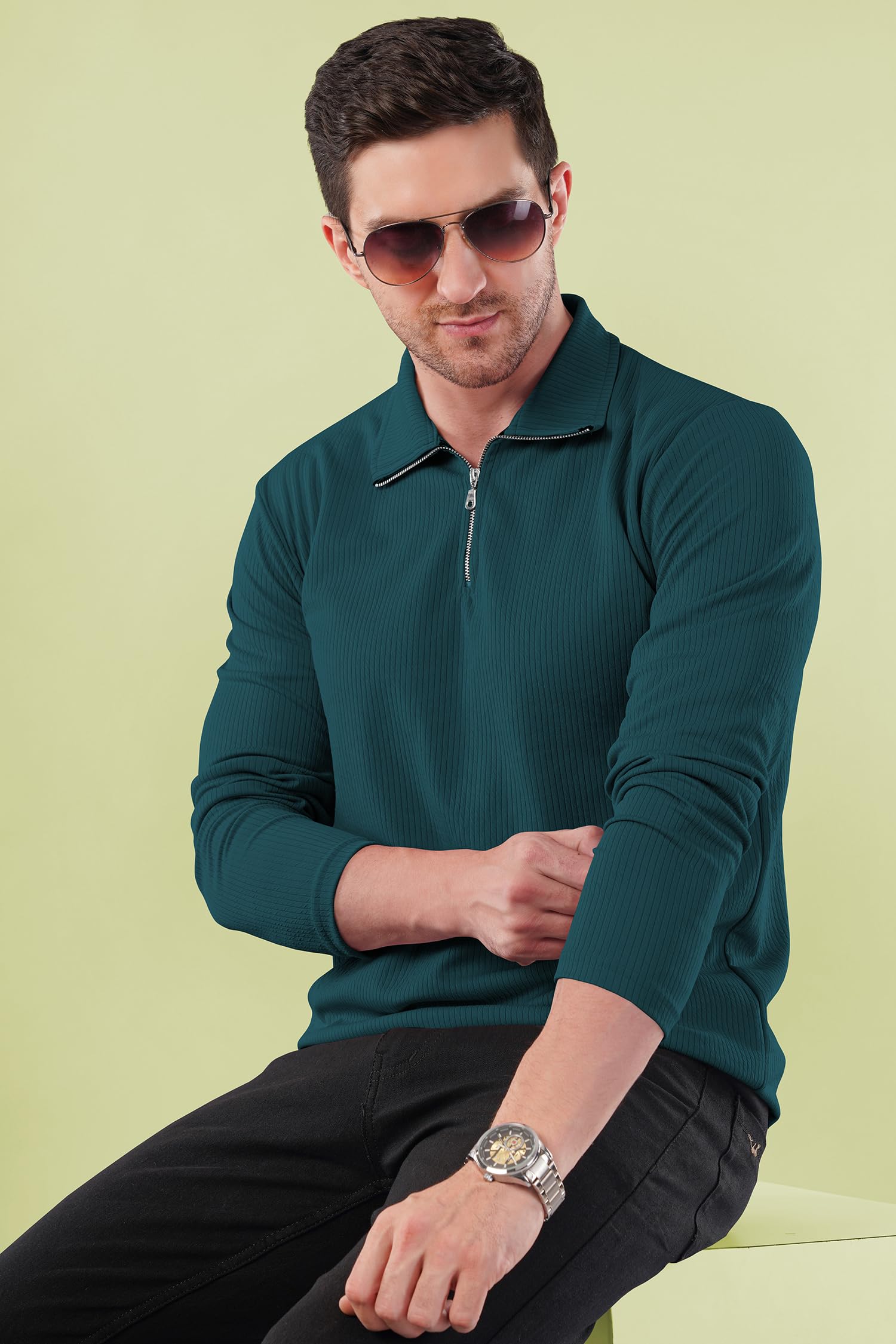 KAJARU Men's Quarter Zip Pullover T-Shirt, Cable Knit Pattern, Full Sleeve (in, Alpha, XL, MOREPINCH) - Image 8 thumbnail