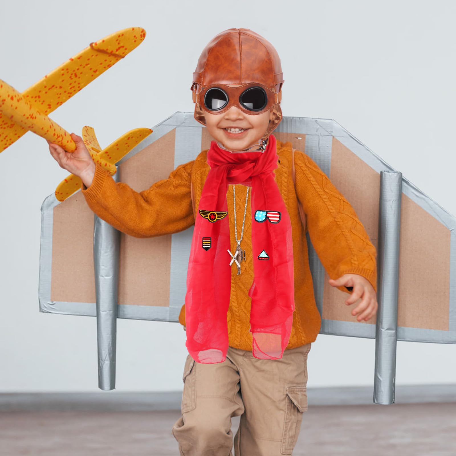 Kyson Costume da aviatore per bambini, in pelle, cappello da aviatore, con occhiali, sciarpa, spilla, collana, per Halloween, feste a tema aviazione