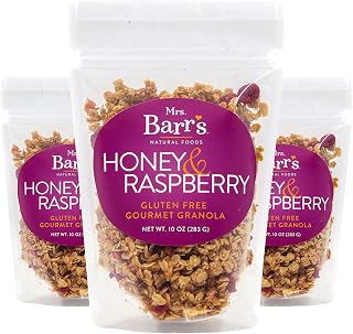 Mrs. Barr’s Natural Foods Granola | Honey & Raspberry | Certified Organic Gluten Free Oats | Soft Texture | Small Batch | Gourmet Quality | Real Ingredients | 10 Ounces (3 Pack)
