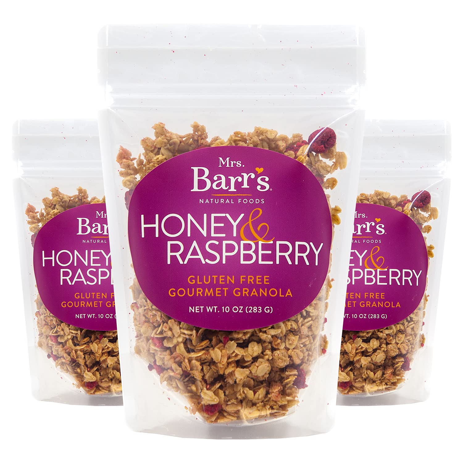 Mrs. Barr’s Natural Foods Granola | Honey & Raspberry | Certified Organic Gluten Free Oats | Soft Texture | Small Batch | Gourmet Quality | Real Ingredients | 10 Ounces (3 Pack)