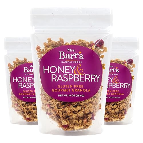 Mrs Barrs Natural Foods Granola  Miel  Frambuesa  Avena certificada sin gluten orgánico  Textura suave  Lote pequeño  Calidad gourmet  Ingredientes