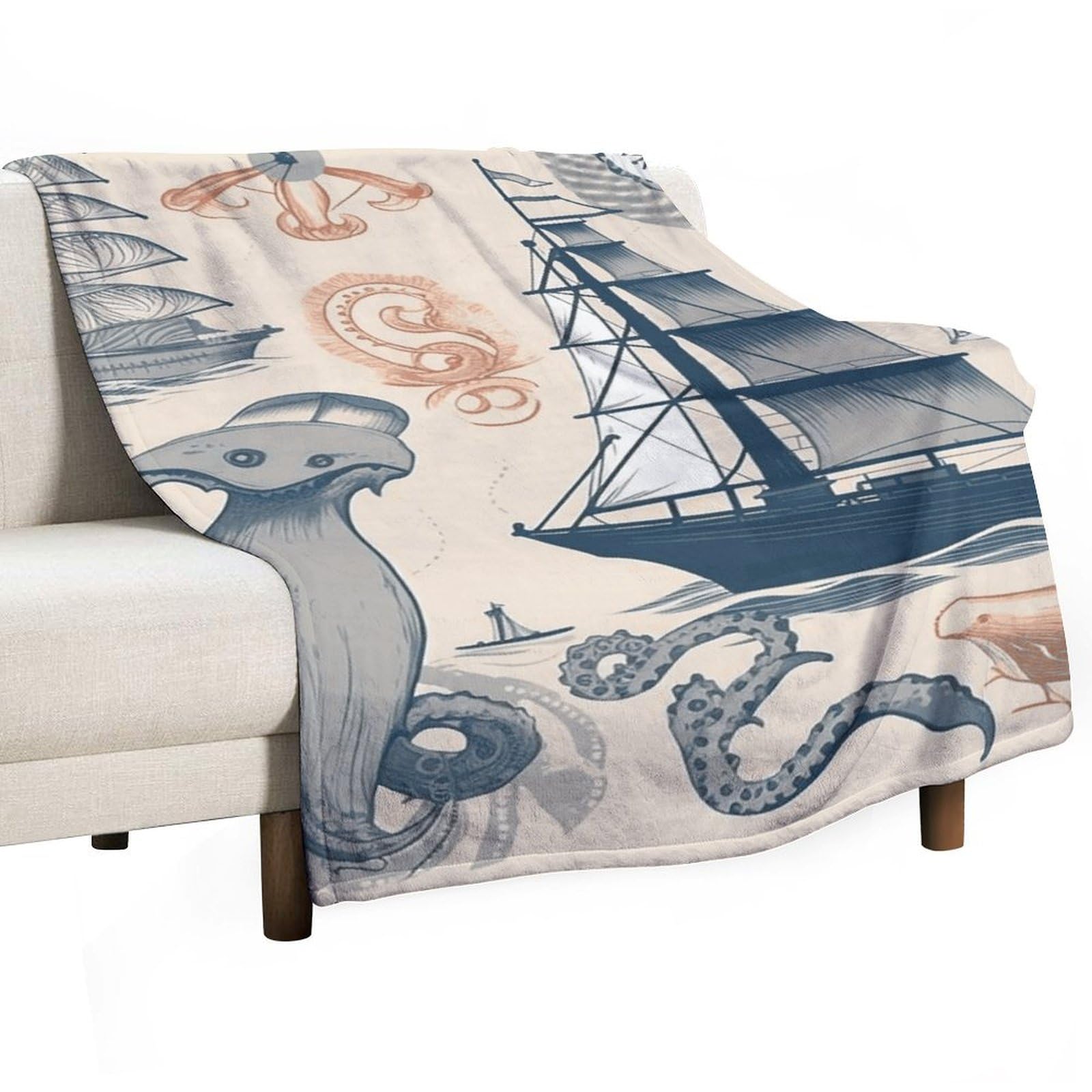 Couverture polaire en flanelle épaisse motif pieuvre et voilier haut de gamme