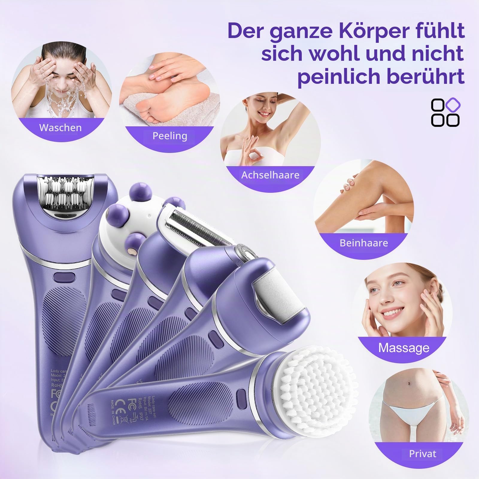 7-in-1 Epilierer Set für Damen, Kabelloser Nass- und Trockenepilierer mit LED-Licht, Gesichts- und Körperepilierer, IPX7 Wasserdicht, 90 Min Laufzeit