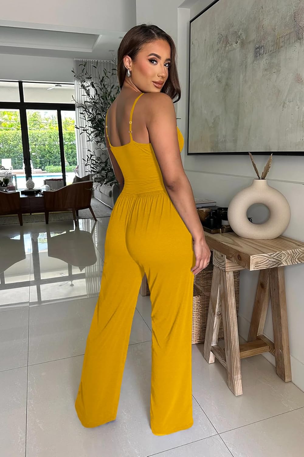 Mrskoala Womens Summer Casual Sets Loose Two Piece Outfits Spaghetti Strap Top and Wide Leg Pants Set - Image 2