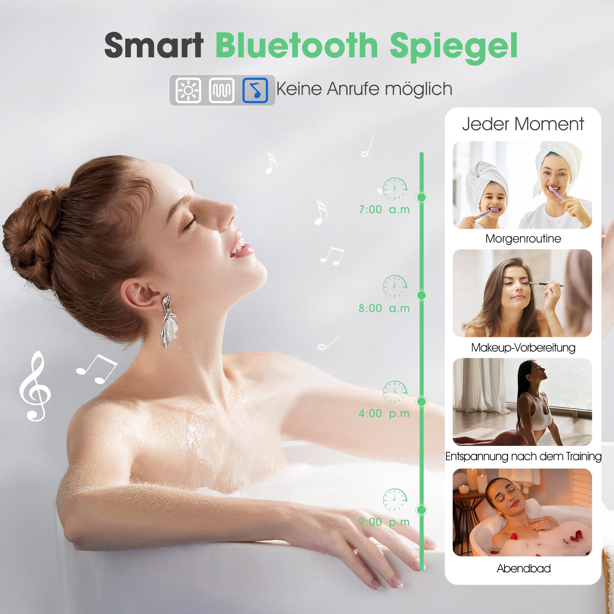S'bagno Badspiegel-mit-Beleuchtung 140x80cm, Led-Badezimmerspiegel-mit-Licht, Bluetooth, Entfoggen, 3 Farben, Dimmbar, Speicherfunktion, Gehärtetes Glas, IP44 Wasserdicht, Horizontal/Vertikal